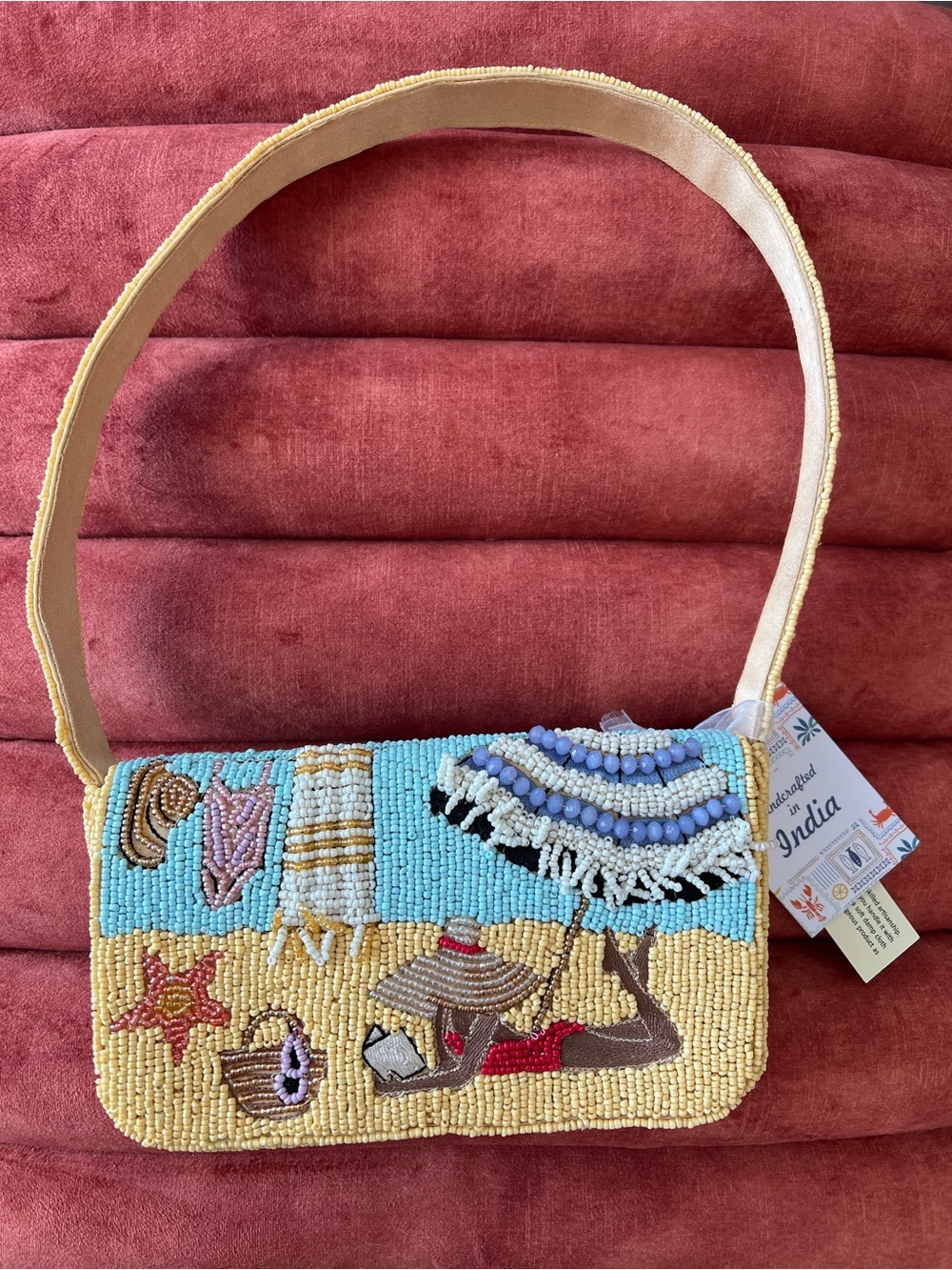 NWT Handmade Beaded Beach Scene Shoulder Bag